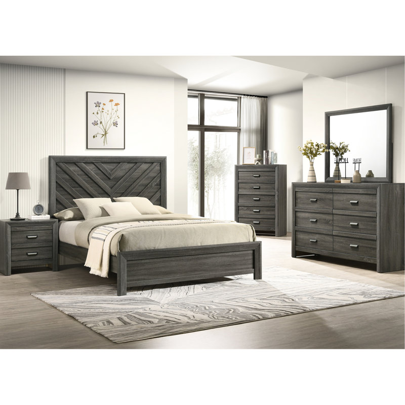 Lit double de style contemporain avec finition gris rustique, motif géométrique et structure de meuble de chambre à coucher en bois massif, pièce en bois