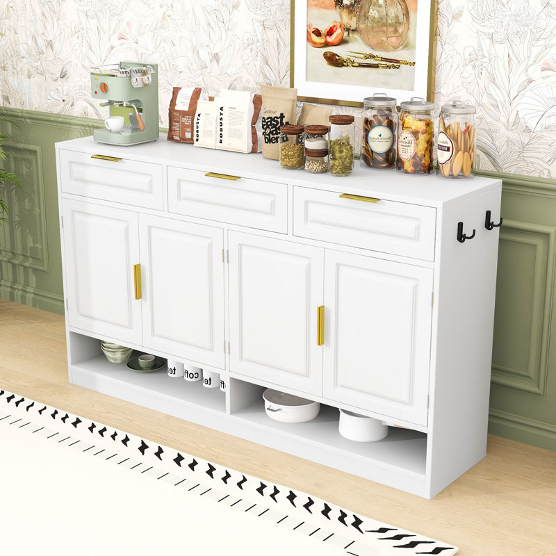 Farmhouse Sideboard with 3 Drawers, Adjustable Shelves and Open Storage, White