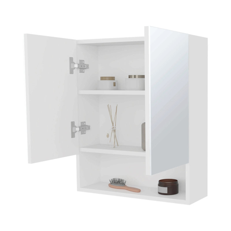 Armoire à pharmacie blanche avec portes en miroir et rangement ouvert