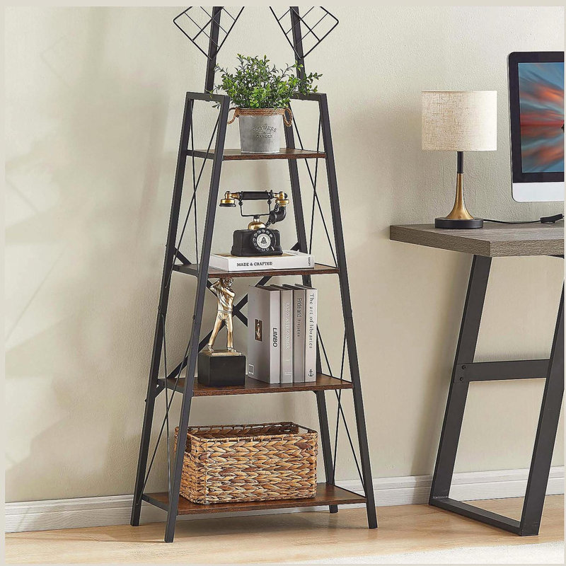 Bibliothèque étroite à 4 niveaux, bibliothèque pour bureau, salon, chambre à coucher, cuisine, brun rustique et noir