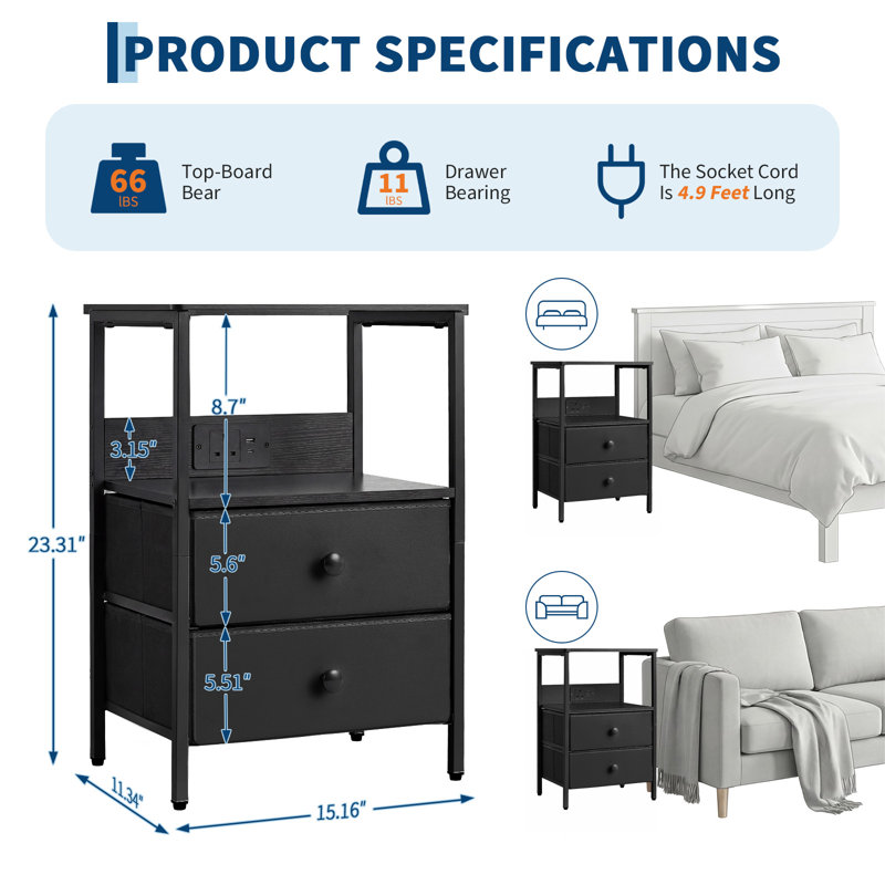 33 cm W Iron Bedside Table, Black