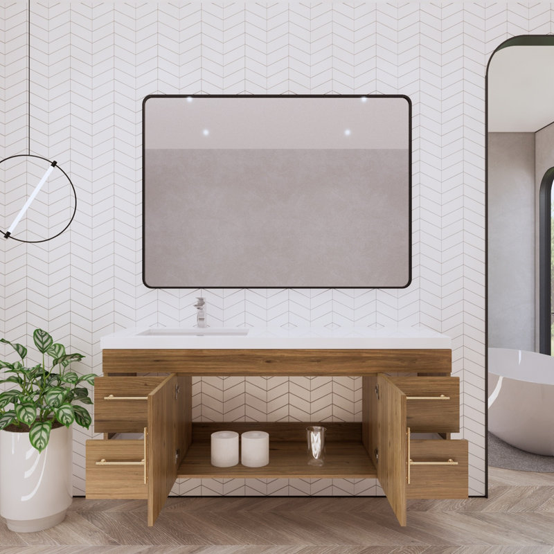 Bastri 59" Wall-Mounted Single Bathroom Vanity Set, Natural Oak