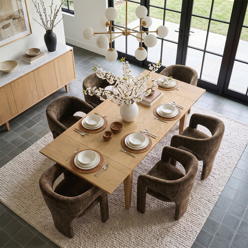 Ensemble de table et de chaises de salle à manger extensibles en placage de bois pour 6 personnes avec fauteuils en chenille