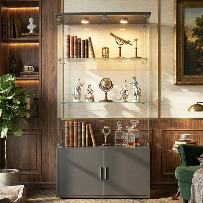 3-Tier Double Door Glass Display Cabinet with Bottom Storage Cupboard & LED Puck Lights,  Tall Curio Cabinet, Black / White