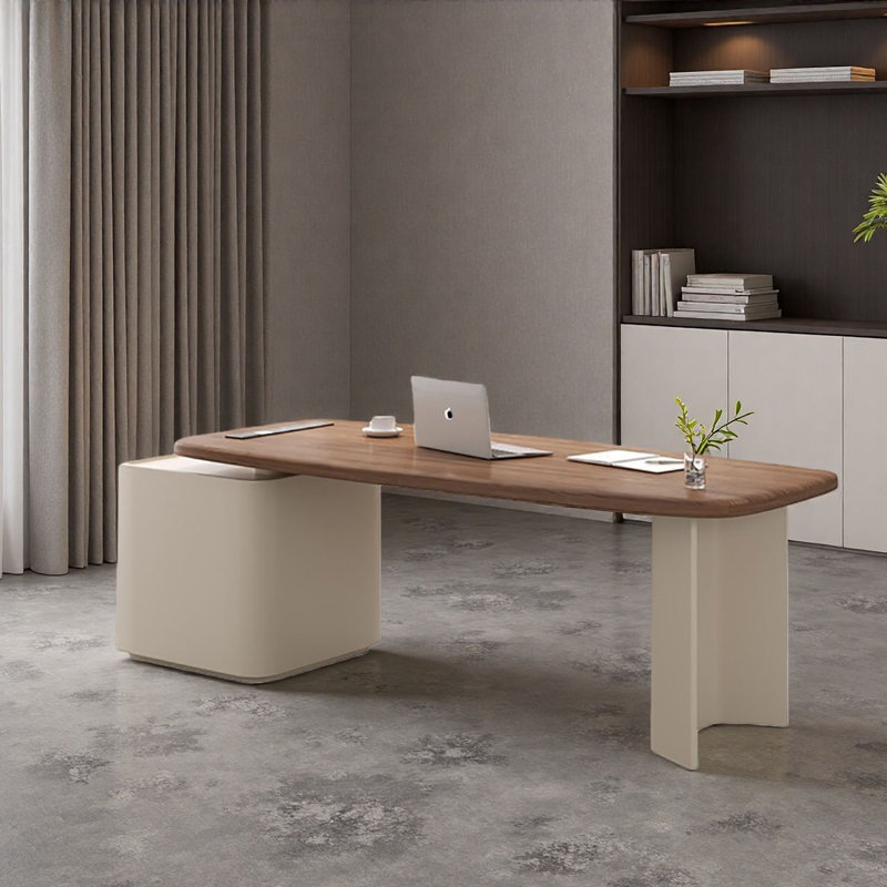 Bureau moderne en noyer crème, H 29,5 po x l 70,9 po x P 27,6 po