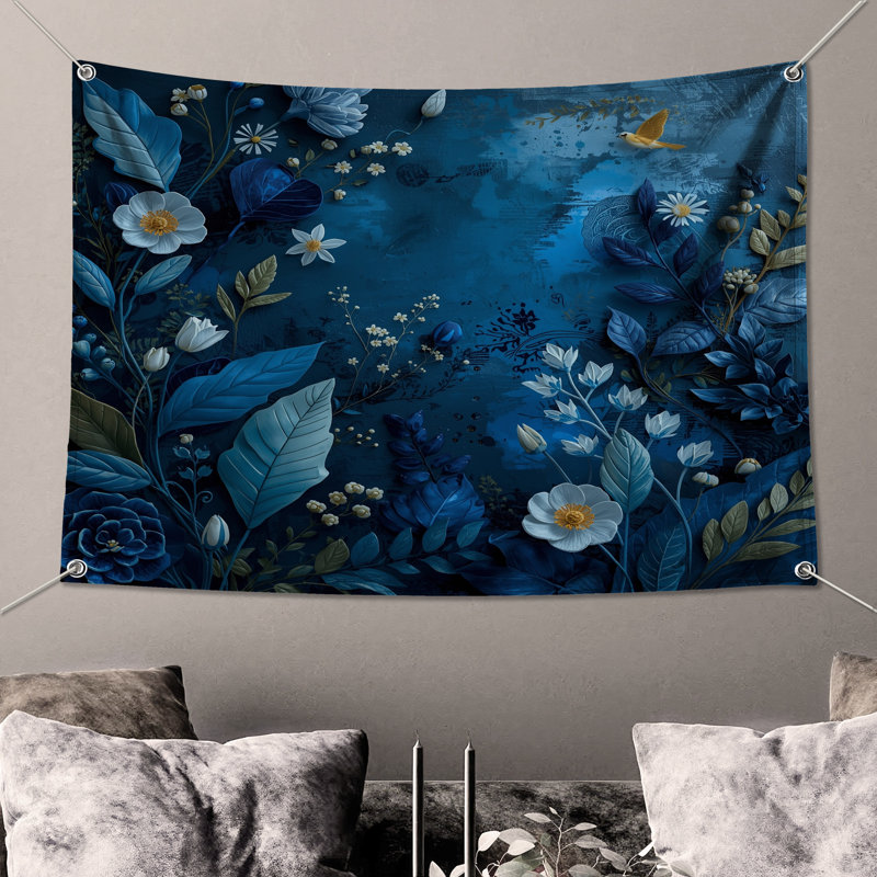 Tapisserie murale arrangement floral bleu - décoration murale florale, H 68 po x l 80 po avec 4 œillets