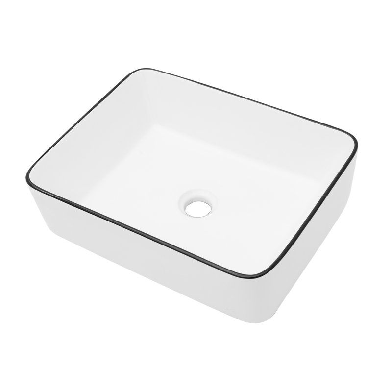 Lavabo vasque rectangulaire moderne en céramique blanche 16 x 12 pouces - à ternir et élégant, Blanc/Noir, 16"