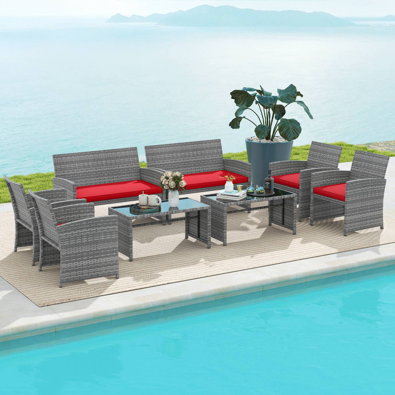 8 Piece Patio Furniture Set Outdoor Wicker Conversation Set w/ Tempered Glass Coffee Table, Red