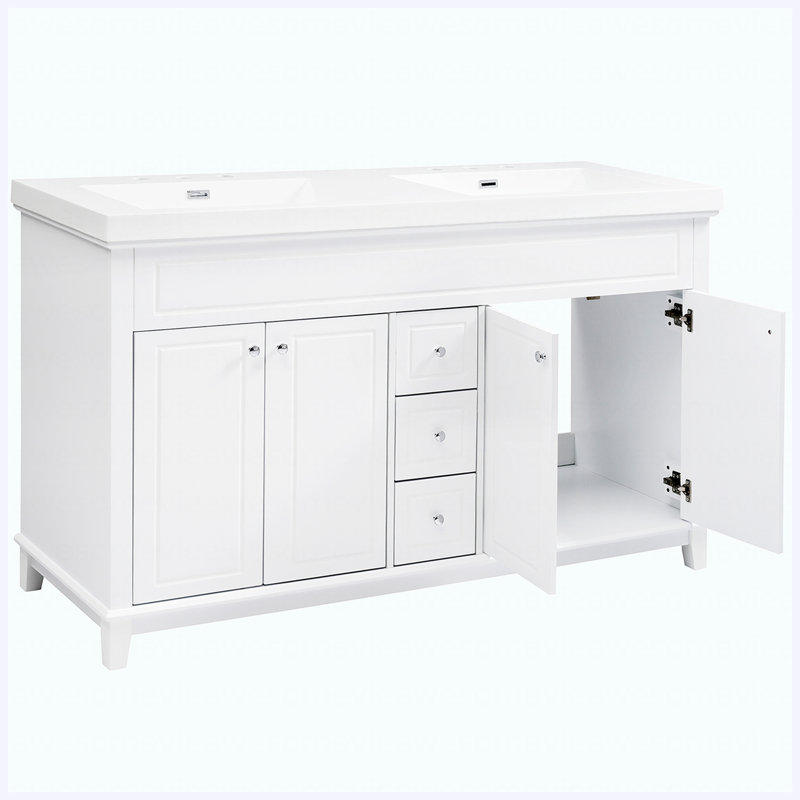 Ensemble de meuble-lavabo blanc 60 po avec lavabo double en résine, ensemble de meuble-lavabo autoportant avec 3 tiroirs à fermeture douce, 4 portes avec tablettes à double couche, pieds en bois massif, pour la salle de bain