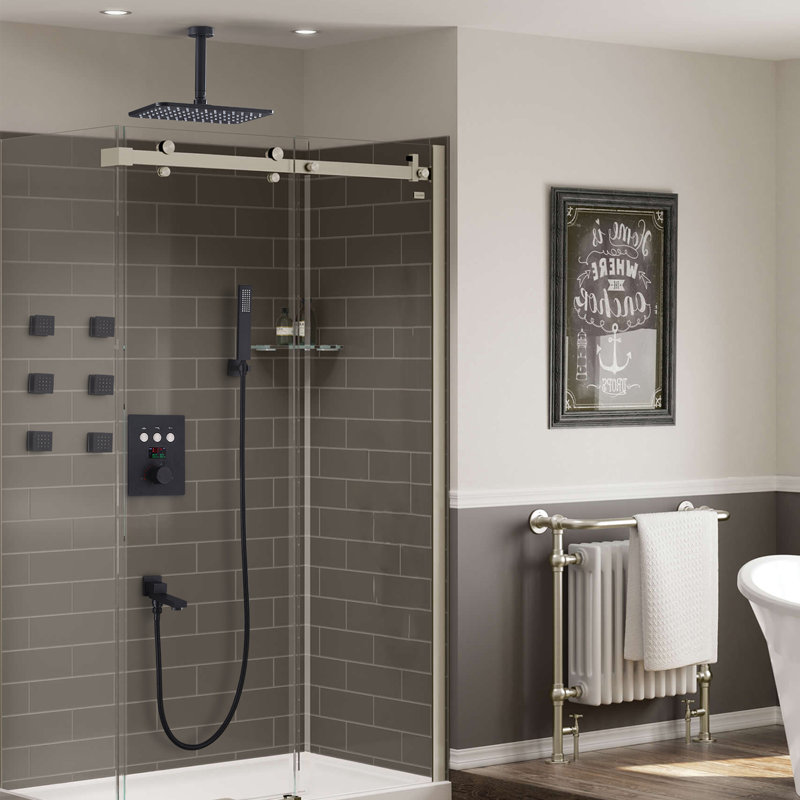 Système de douche thermostatique de plafond avec valve brute et bec de baignoire, Noir mat
