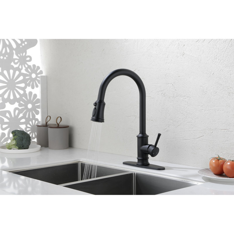 Robinet d'évier de cuisine en acier inoxydable noir mat avec douchette rétractable, poignée simple à grande arche, acier à débit de 1,8 gallon par minute, poignée, taux de GPM, facile à installer et à entretenir