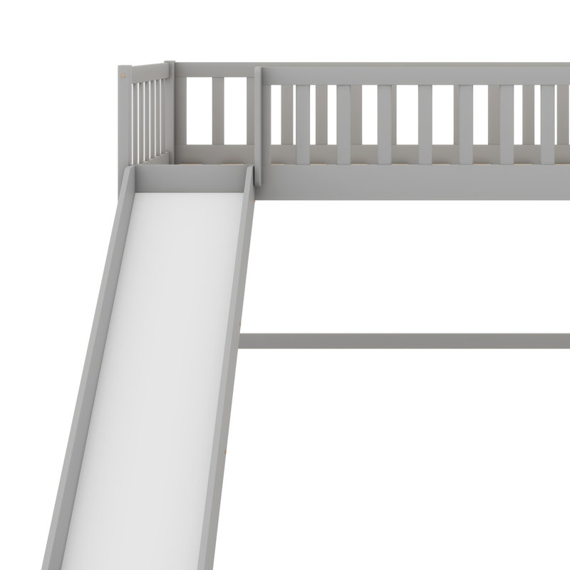 Twin Size Loft Bed With Ladder & Slide, Loftbeds With Safety Rails,Wood Twin Low Loft Bed With Storage Space, Gray