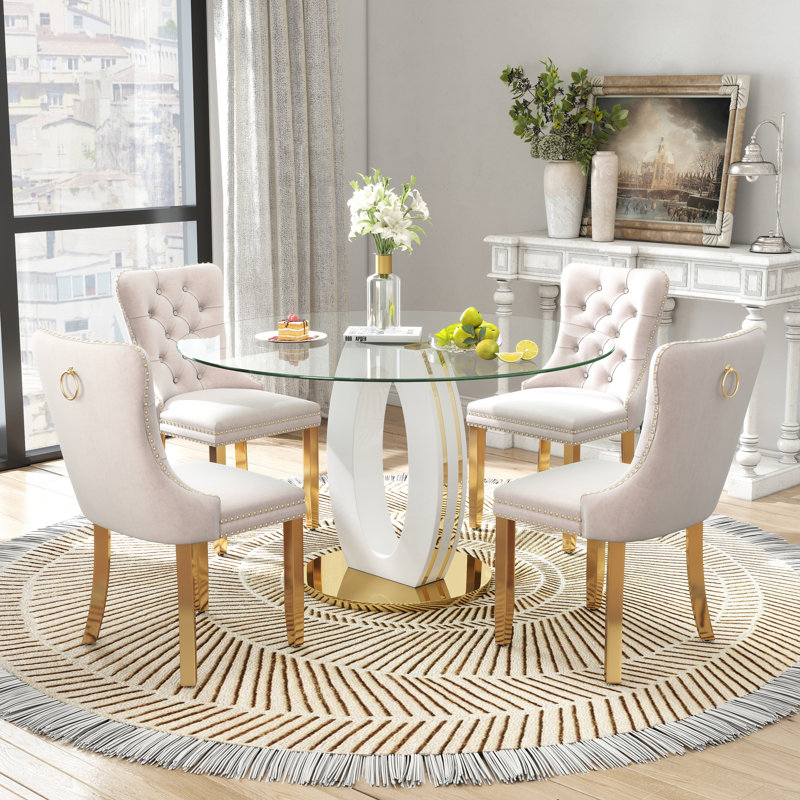 High Gloss Round Dining Table Set with 4 Velvet Dining Chairs, Beige, White/Gold