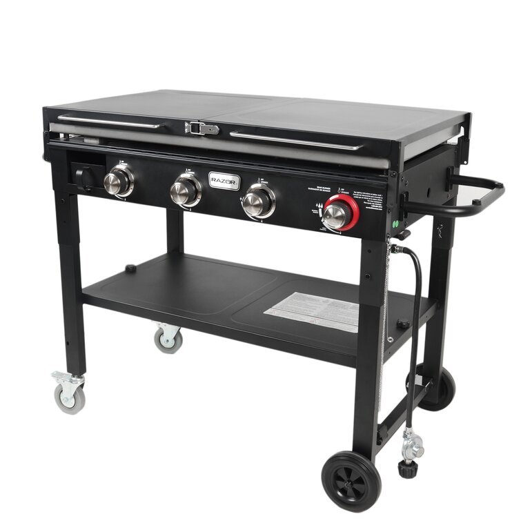 Razor Griddle GGC2030M 25 Inch Outdoor 2 Burner Portable LP Propane Gas  Grill Griddle with Top Cover, Wheels, & Storage Shelf for BBQ Cooking, Black