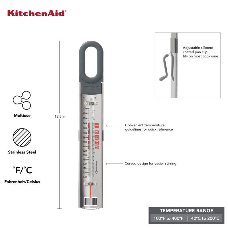 Curved Candy and Deep Fry Thermometer, Adjustable Silicone Coated Clip Fits Most Cookware, Charcoal Grey