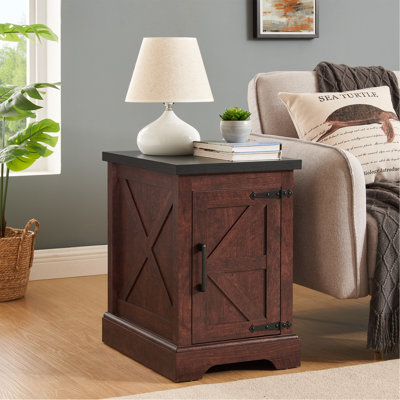 Table de bout Farmhouse Table de bout rectangulaire Farmhouse avec porte de grange et tablette de rangement réglable, table d'appoint rustique pour salon, chambre à coucher, chêne
