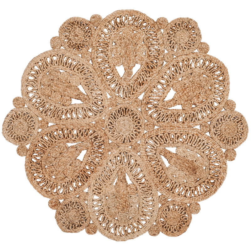 Amberboi Natural Fiber Hand Woven Jute Floral Rug, Round 11'
