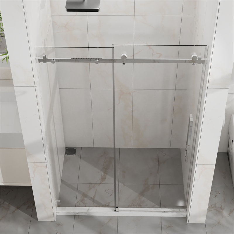 Frameless Shower Door, 48" W x 72" H Sleek Silent Sliding Glass Door, 1/4" (6mm) Thick Tempered Clear Glass with Easy-clean Coating, Heavy-Duty 304 Stainless Steel, Chrome
