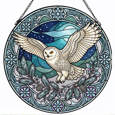 Owl Flight Stained Glass Window Panel，12"H