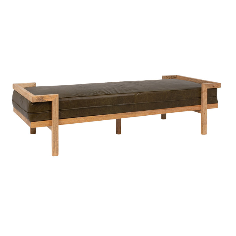 Lit de jour extra-long en bois de manguier avec coussin en cuir vieilli