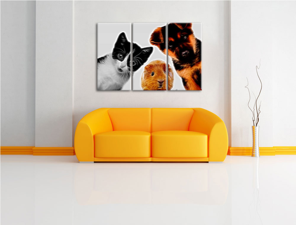 3-tlg. Leinwandbilder-Set „Hund, Katze und Hamster schauen“, Grafikdruck