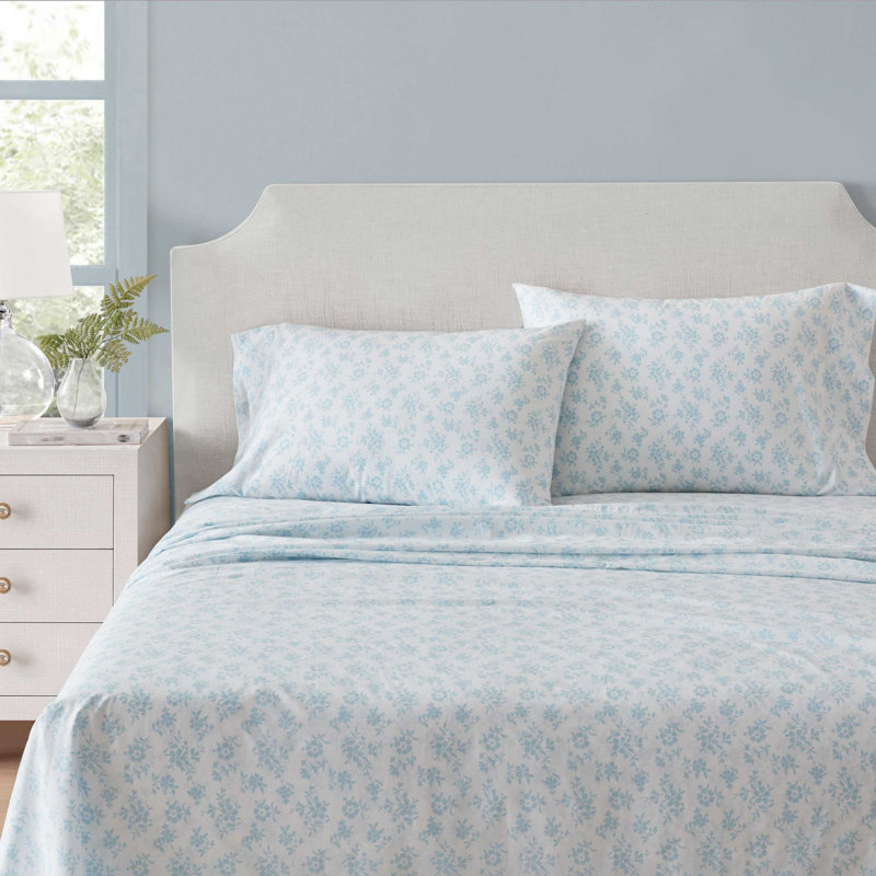 Ensemble de draps en coton percale bleu Martha Stewart, Ensemble de draps pour grand lit avec 2 taies d'or, Blue Floral