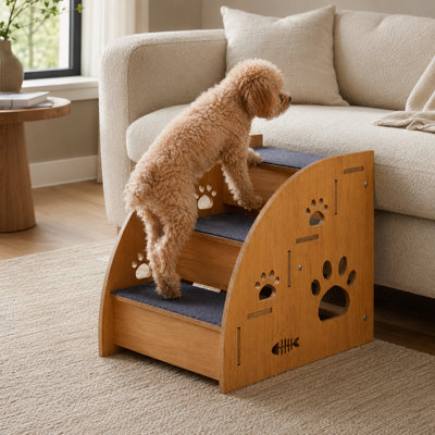 Escalier pour animaux en bois avec tapis antidérapant - Rampe en bois durable à 3 marches (13,8 po) pour les petits chiens, les animaux de compagnie et les chats âgés, facile à monter au lit ou au canapé (bois naturel)