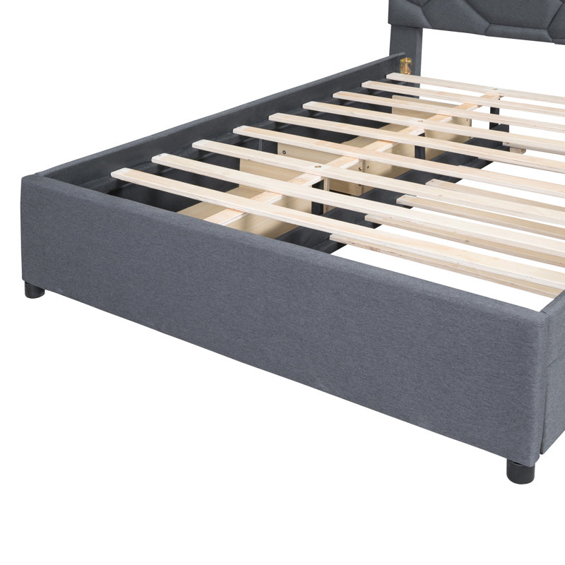 Size Upholstered Platform Bed With Brick Pattern Headboard, With XL Size Trundle And 2 Drawers, Linen Fabric,, Grey