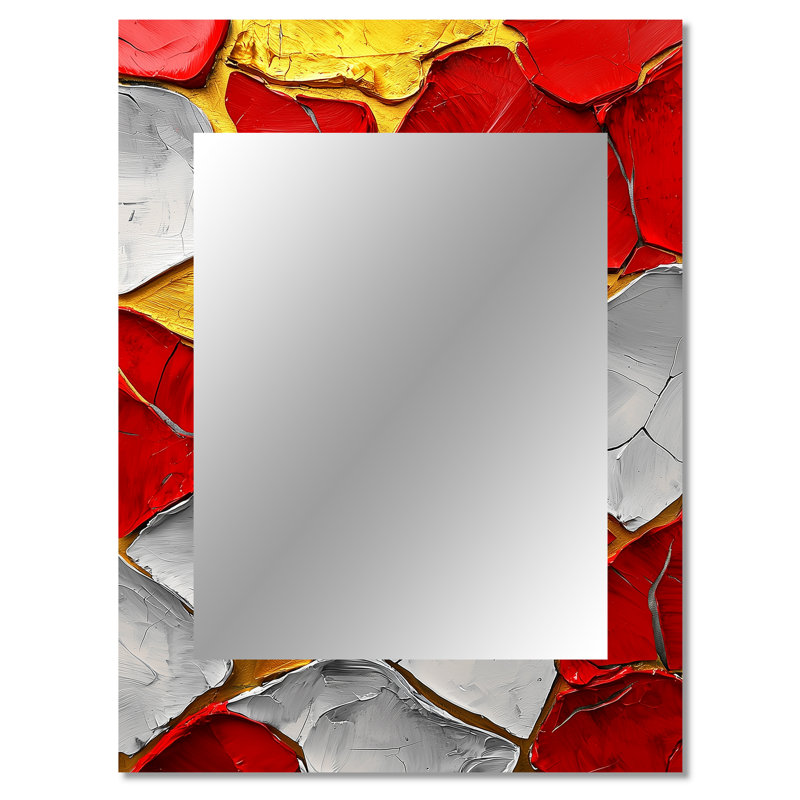 Abstrait Fiery Fragmented Balance II - miroir moderne, miroir mural rouge unique, impression d'art en métal, 40 po x 30 po