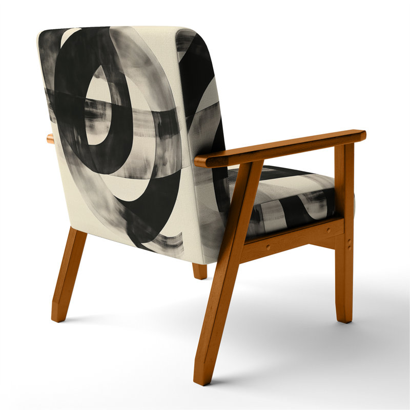 Chaise rembourrée à formes abstraites - Fauteuil géométrique noir et blanc Minimal Curves III, Brown Square Arms
