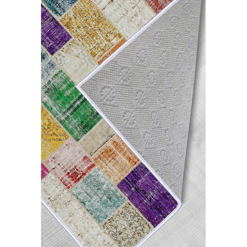 Riebe Patchwork Machine Made Flatweave Polyester Area Rug in Gray/Green/Purple, Rectangle 5'3" x 7'7"