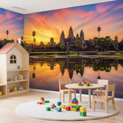 Wall Mural Peel and Stick Wallpaper Angkor sunrise famous temple Siem Reap Cambodia Self-Adhesive Removable Contact Paper Wall Decor for Living Room Bedroom 100"H x 144"W