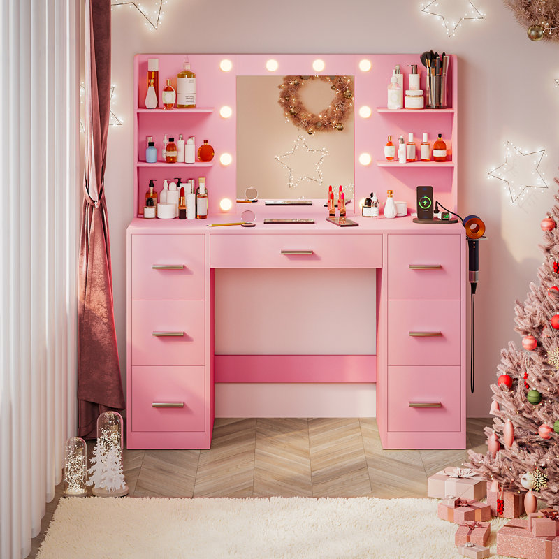 Makeup Vanity with USB Outlet & 3-Color Adjustable Lights - Large Storage Dressing Table with 7 Drawers, Side Hair Dryer Holder, Mirror for Bedroom