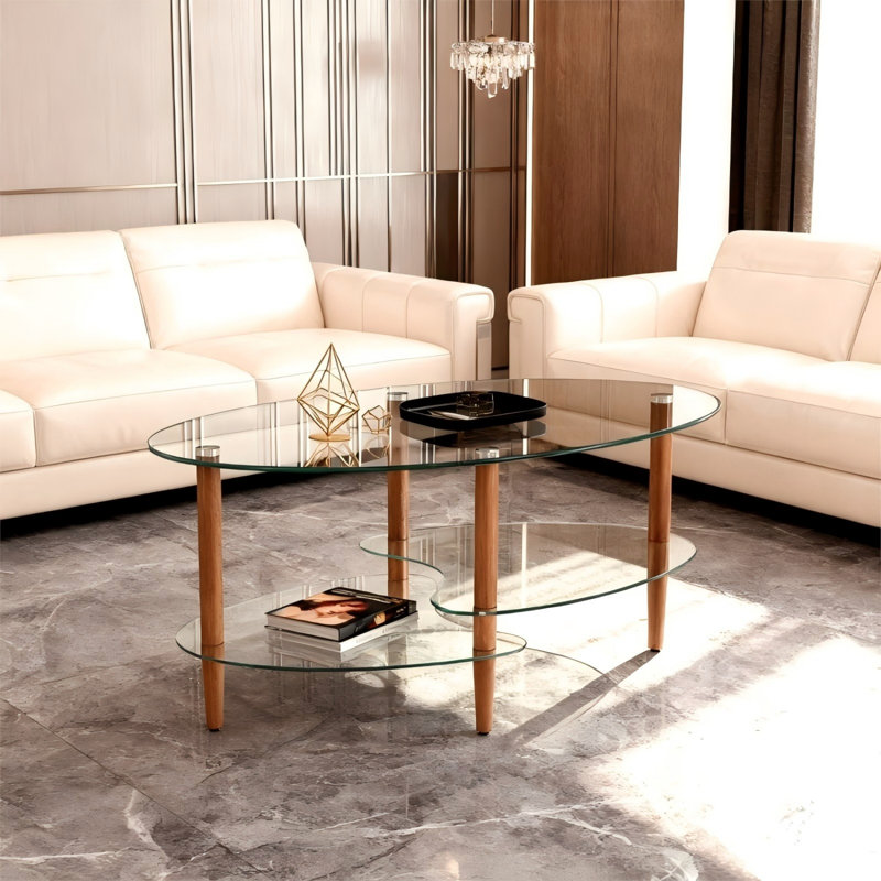 Modern Oval Coffee Table with Tempered Glass Top, Storage Shelves and Metal Frame, Brown, Transparent
