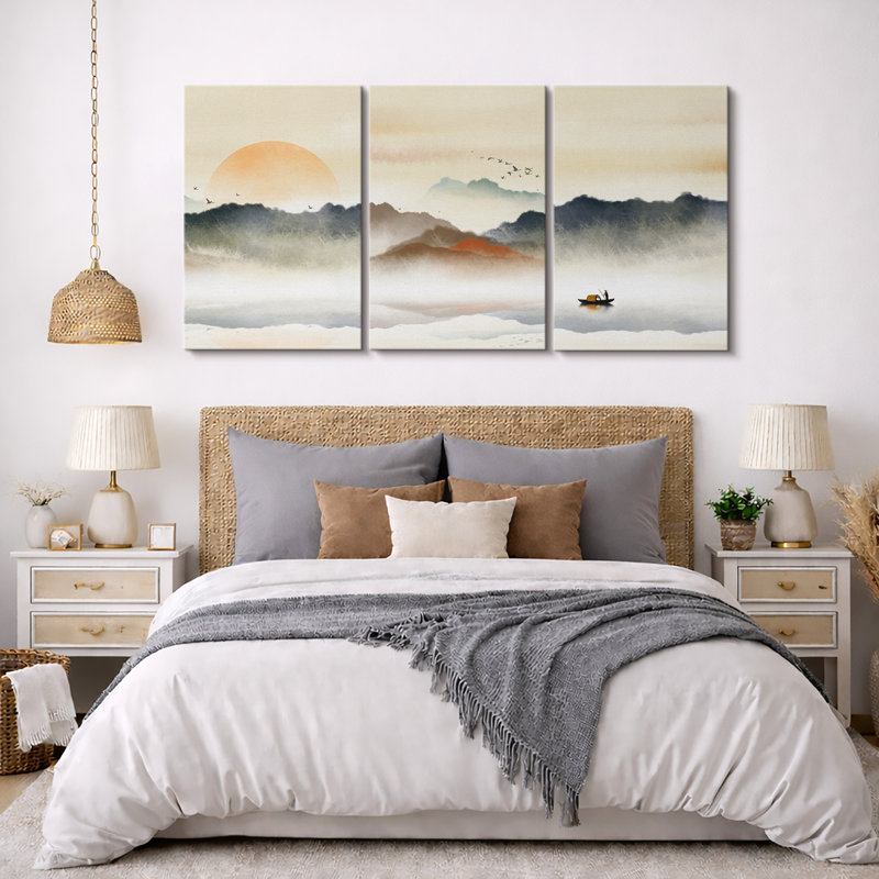 «Abstract Landscape Rising Sun Misty Ocean Mountain», peinture sur toile 3 pièces, H 36 po x l 72 po, Toile tendue