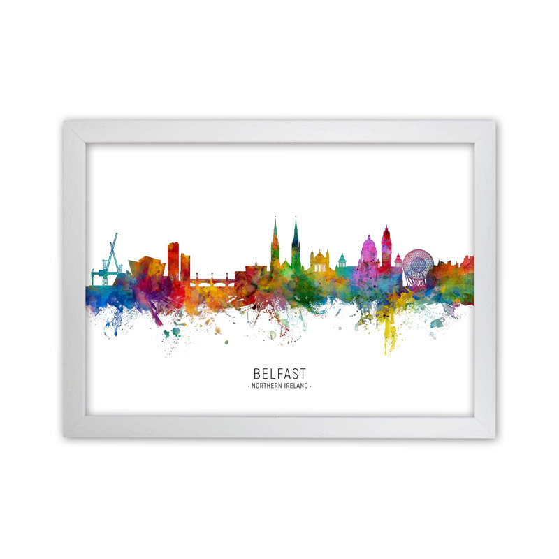 Belfast Northern Ireland Skyline by Michael Tompsett - Print, 46cm H x 63cm W x 3cm D, White Framed