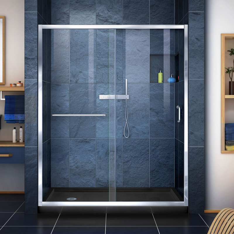  DreamLine Infinity-Z 34 inch D x 60 inch W x 74 3/4 inch H Semi-Frameless Sliding Frosted Shower Door in Chrome with Left Drain Black Shower Base Kit