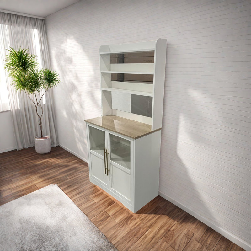 Bakers Rack With Power Outlets, Freestanding Small Kitchen Pantry Cabinet With Doors, White
