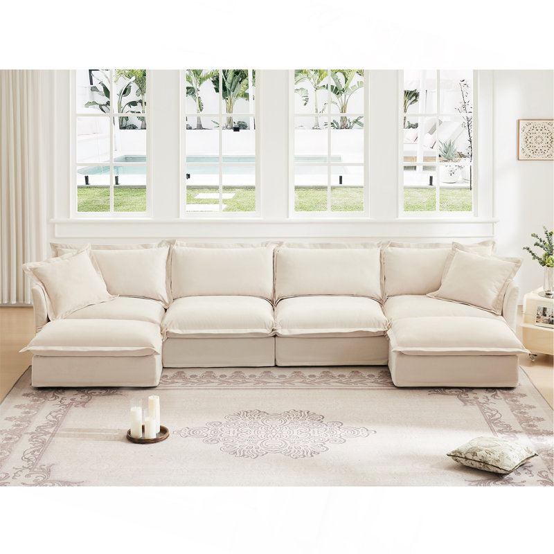 Canapé, repose-pieds en chenille, 3, H 34,6 po x l 120 po x P 33 po, Chenille crème