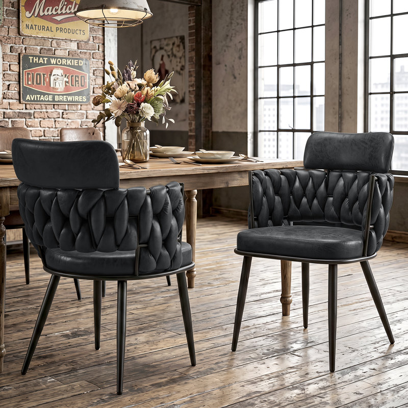 Chaise d'appoint moderne avec accoudoirs tissés Mid Century, Black Faux Leather, 2