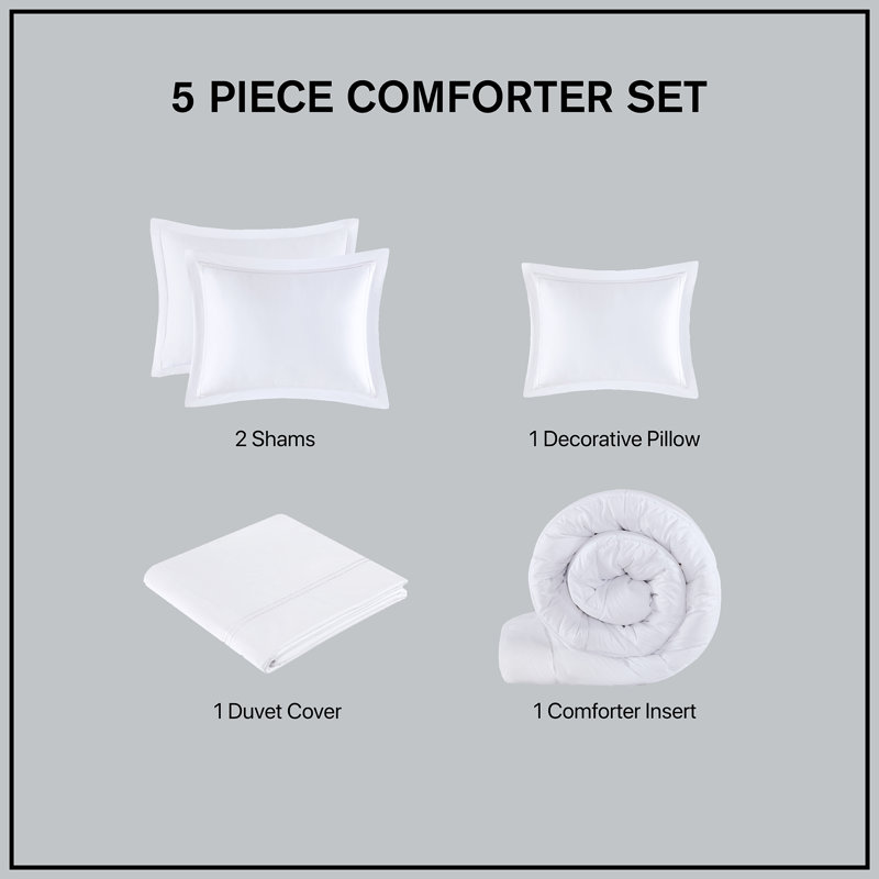 500 Thread Count Luxury Collection 100% Cotton Sateen Embroidered Comforter Set, White, King/Cal King 5 Piece Set