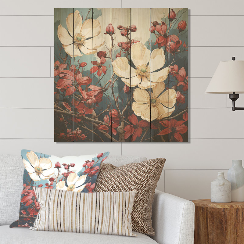 Fleur de cornouiller tranquille et blanche II - cornouiller sur bois, H 15 po x l 15 po