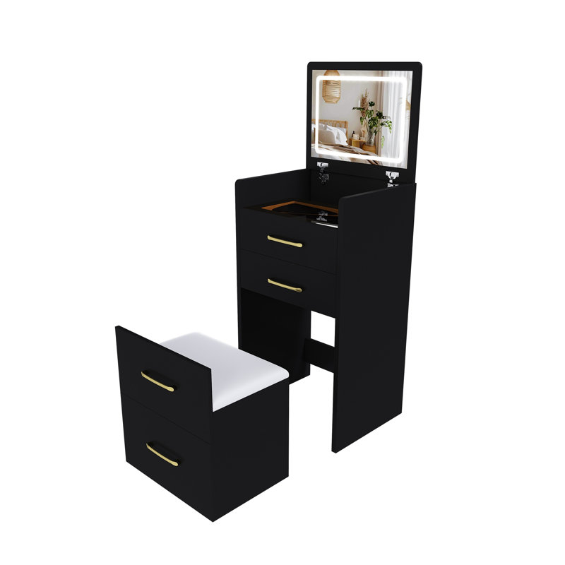 Compact Vanity Desk with Flip-Top Mirror and Storage, 3-Drawer Makeup Table with Integrated Seat, Black MDF Finish