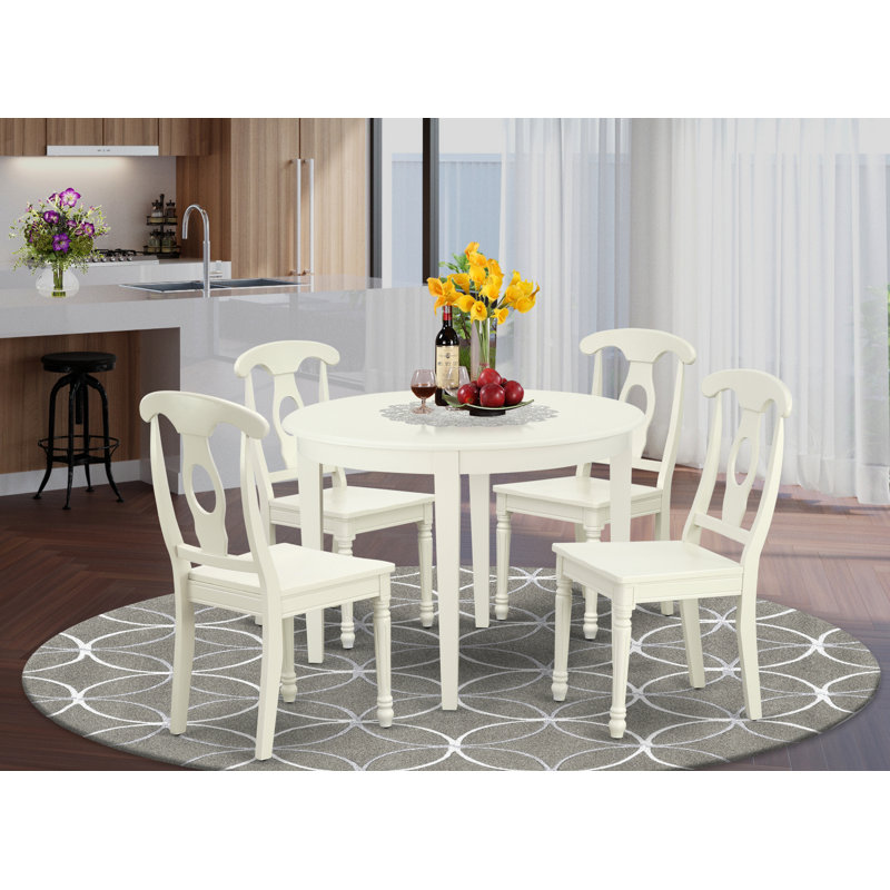 Ensemble de table de cuisine 5 pièces pour 4 personnes comprenant une table de salle à manger ronde et 4 chaises en bois massif, lin blanc