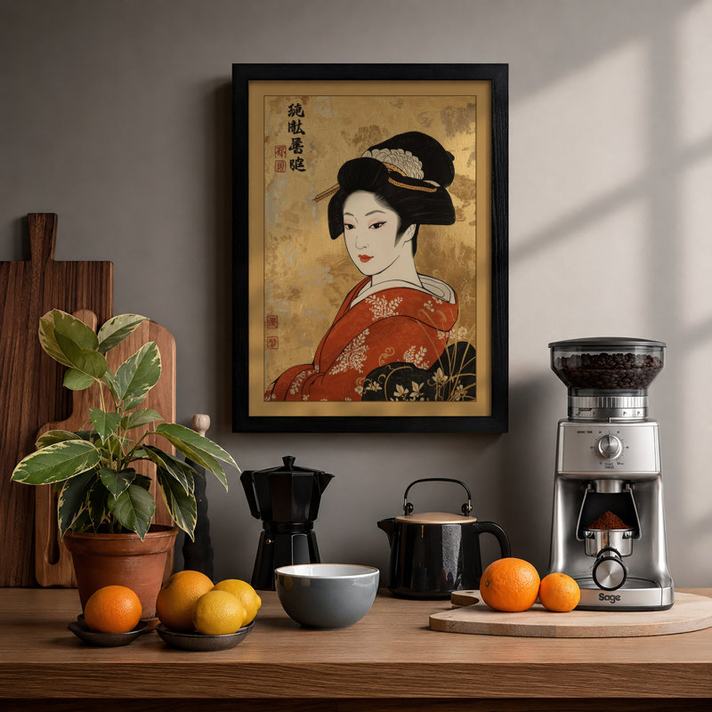 Woman In Red Kimono Japandi - Print, A1 - 84.1 x 59.4 cm, Black