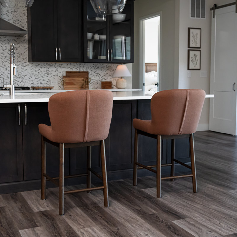Maven Lane Gia Kitchen Stool with Canvas Fabric Upholstery, Counter Stool (39.76" H Seat Height), Aged Brown