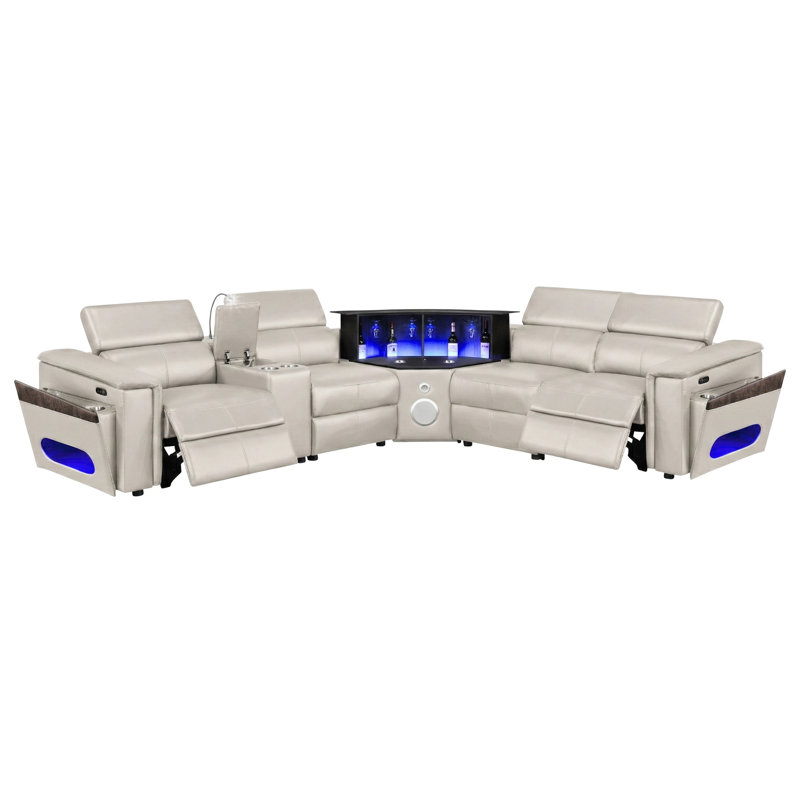 Canapé modulaire contemporain avec 2 réglages de puissance, appuis-tête réglables, charge sans fil, haut-parleur, barre à DEL, rangement et console optionnelle en quatre choix de couleurs