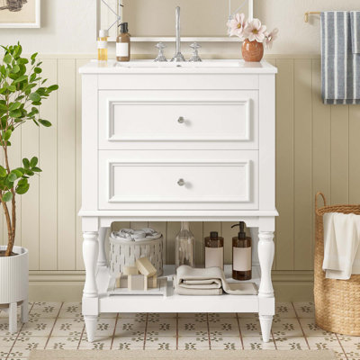 24-Inches Bathroom Vanity With Ceramic Sink, Retro Design Storage Cabinet With 2 Drawers And Open Shelf