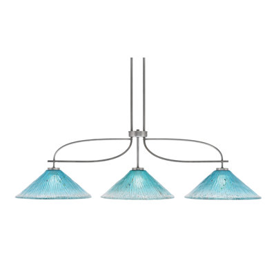 Monterey 3 Light Bar Shown In Graphite & Painted Distressed Wood-Look Metal Finish With 16" Teal Crystal Glass