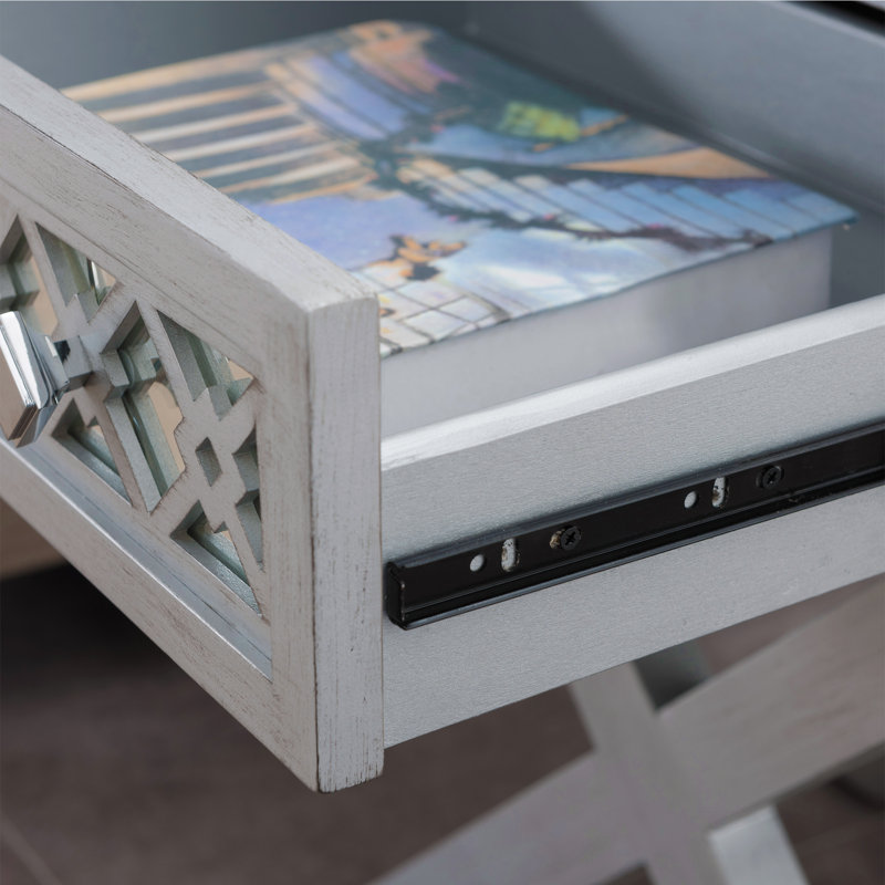 Filigree Solid + Manufactured Wood Mirrored Diamond X Base Side Table, Silver